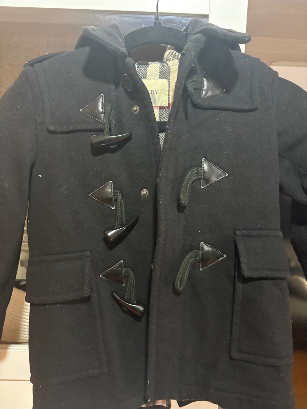 Burberry Black Toggle Pea Coat with Check Lining